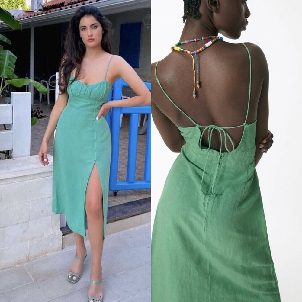 Zara Green Spaghetti Strap Button Split Midi Dress - image 3